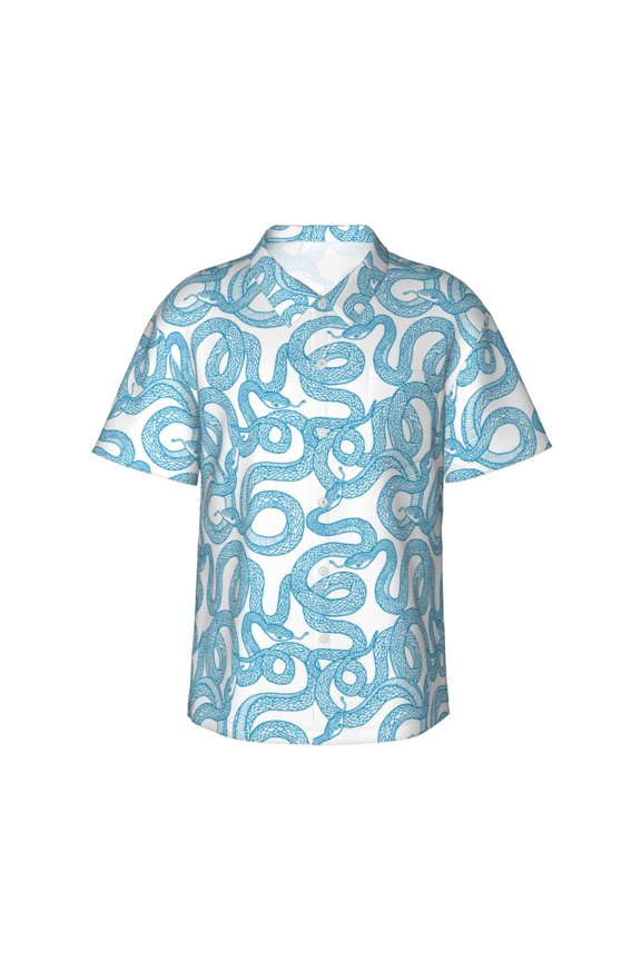 Blue Snake Pattern Men’s Hawaiian Shirt – Short Sleeve Button-Down Tropical Beach Shirt, Lightweight & Breathable Casual Aloha Shirt with Pocket,Medium