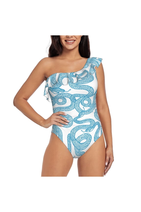 Blue Snake Pattern Women One Piece Swimsuits Tummy Control One Shoulder Bathing Suits Ruffle Swimwear-