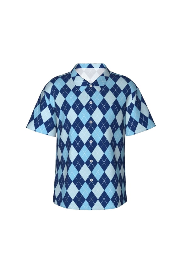 Blue Squares Pattern Men’s Hawaiian Shirt – Short Sleeve Button-Down Tropical Beach Shirt, Lightweight & Breathable Casual Aloha Shirt with Pocket,Small