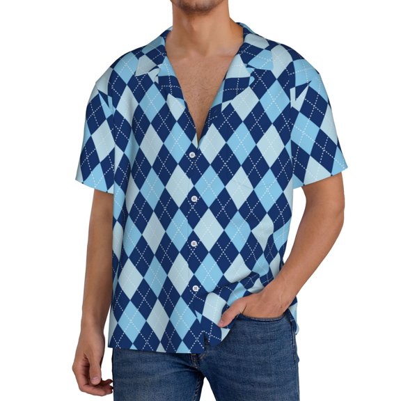 Rateoe Blue Squares Pattern Men's Short Sleeve Classic Shirt, Casual Short-Sleeved Shirt, Lightweight Summer Shirt, Cuban Collar Shirt,Button-Front Shirt-XX-Large