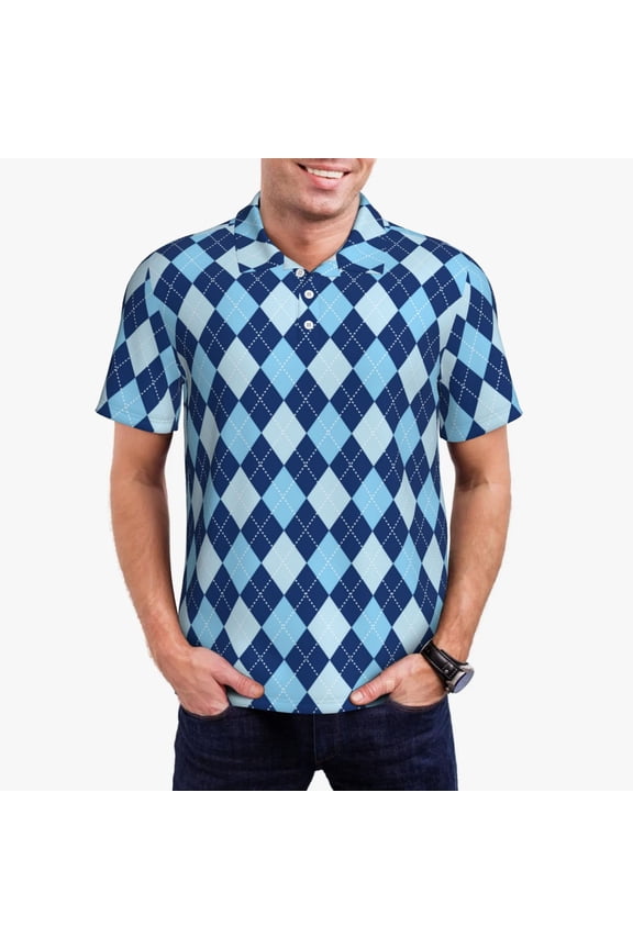 Blue Squares Pattern Men's Short Sleeve Polo Shirts, Golf Polo Shirts Short Sleeve Performance Moisture Wicking Dry-4X-Large