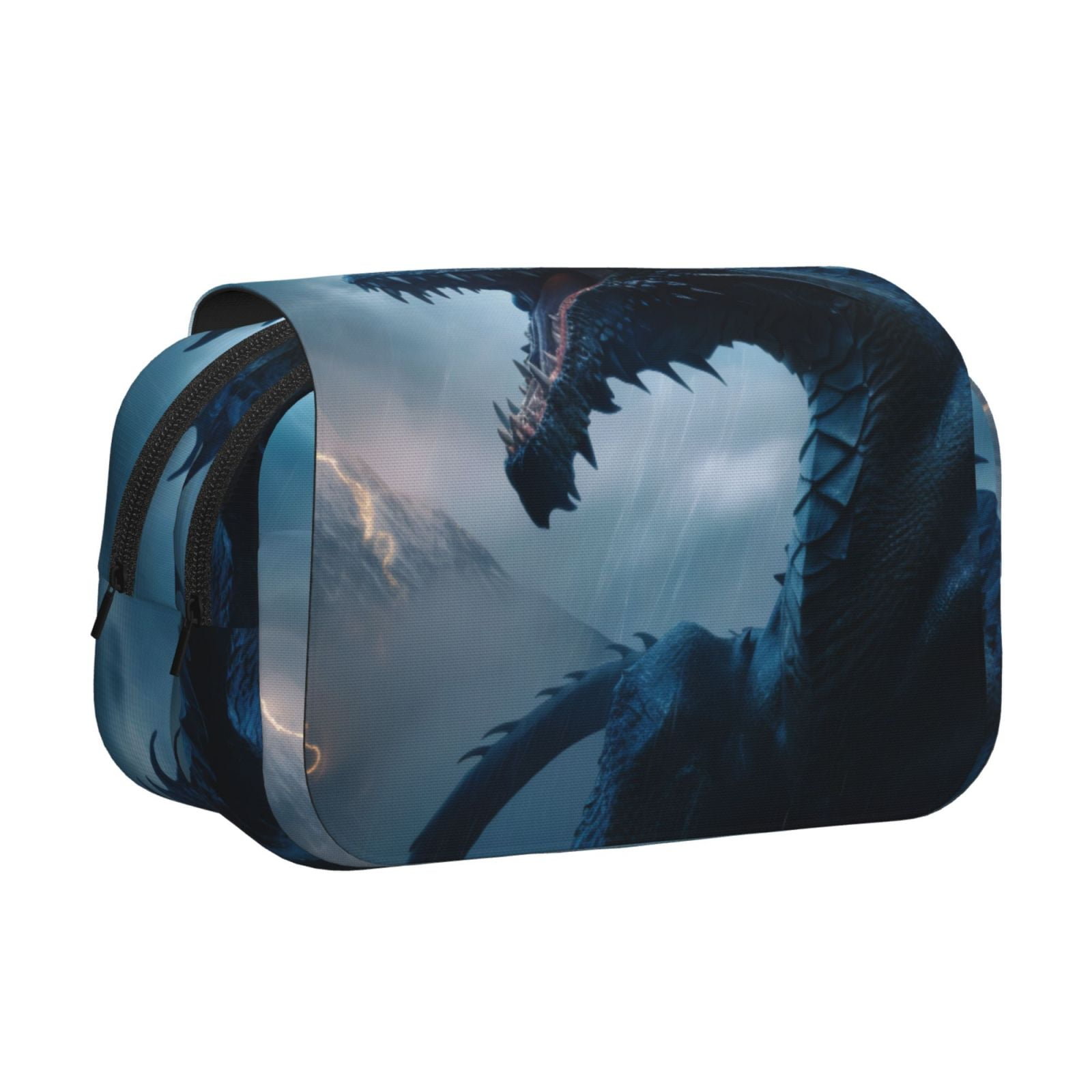 Rateoe Blue Thunder Storm Dragon Pattern Double Clamshell Pen Case, Storage Organizer with Two Zipper Compartments– Holds Up to 50 Pencils & Pens