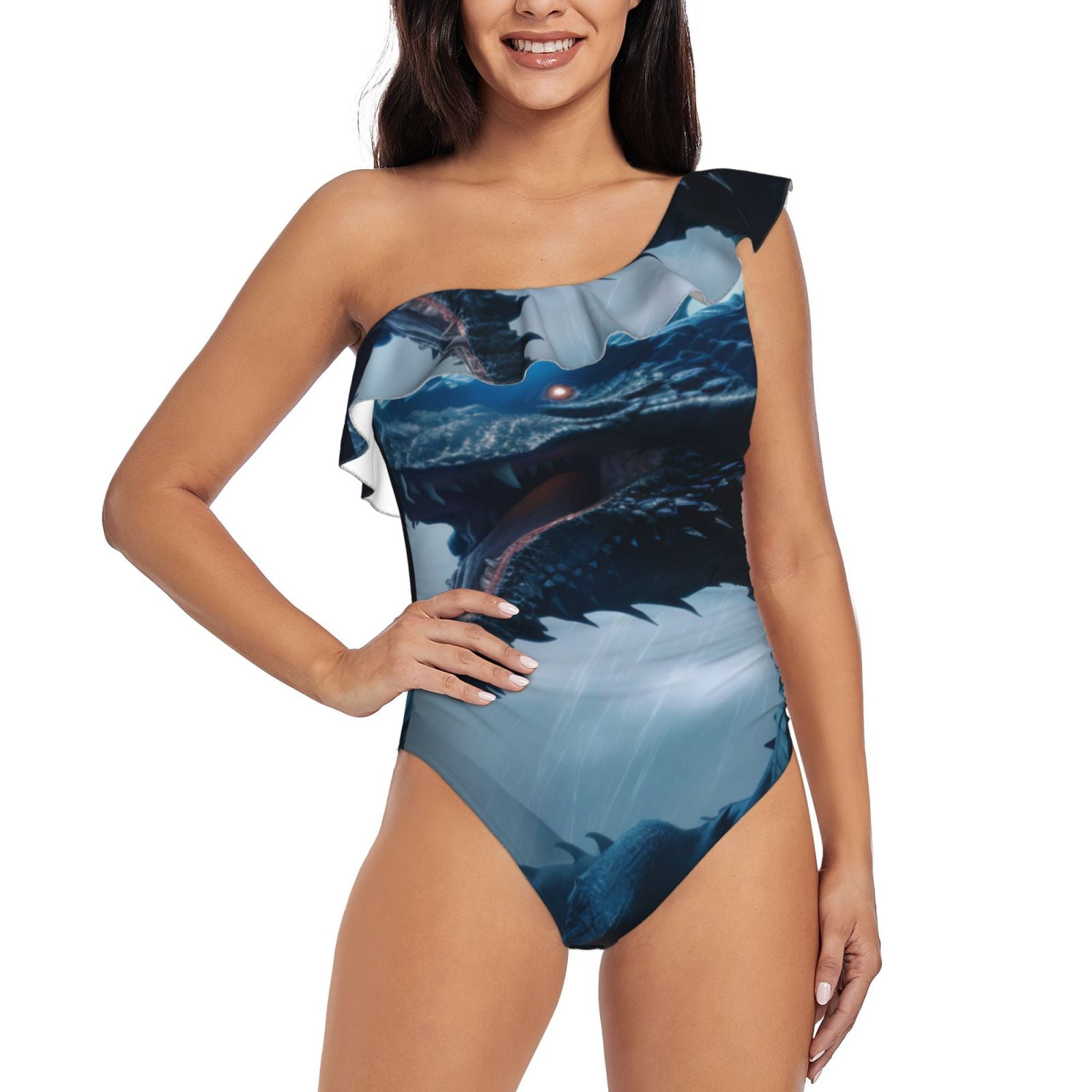 Floral Janpanese Dragon Print One Piece Swimsuite