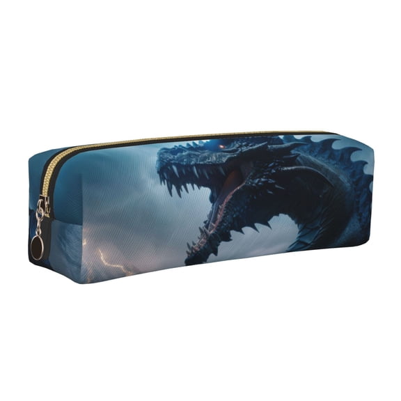 Rateoe Blue Thunder Storm Dragon Print Leather Pencil Case with Smooth Zipper, Compact Storage for Writing Tools & Art Supplies, 8.26" x 1.96" x 2.16"