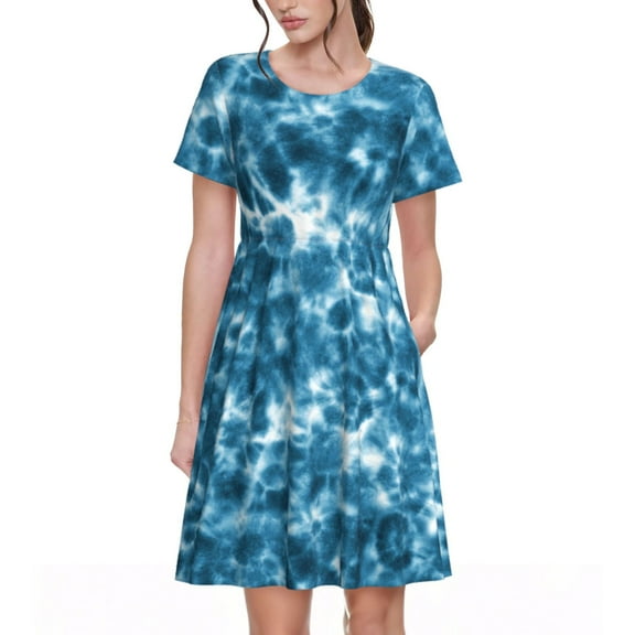 Rateoe Blue Tie Dye Pattern Women’s Short Sleeve Dress – Casual Elegant Summer A-Line Dress for Everyday Wear