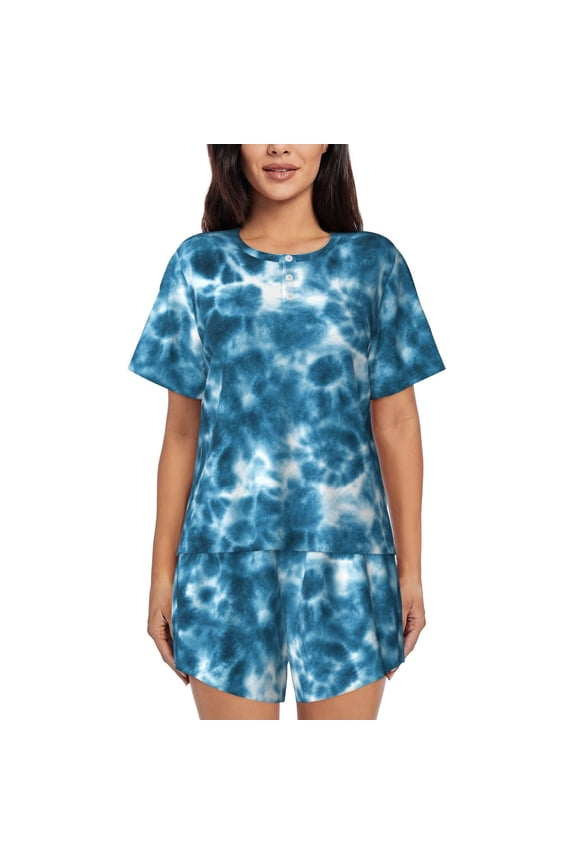 Blue Tie Dye Pattern Women's Short-Sleeved Pajama Set - 2 Piece Soft and Lightweight Sleepwear Set-Large