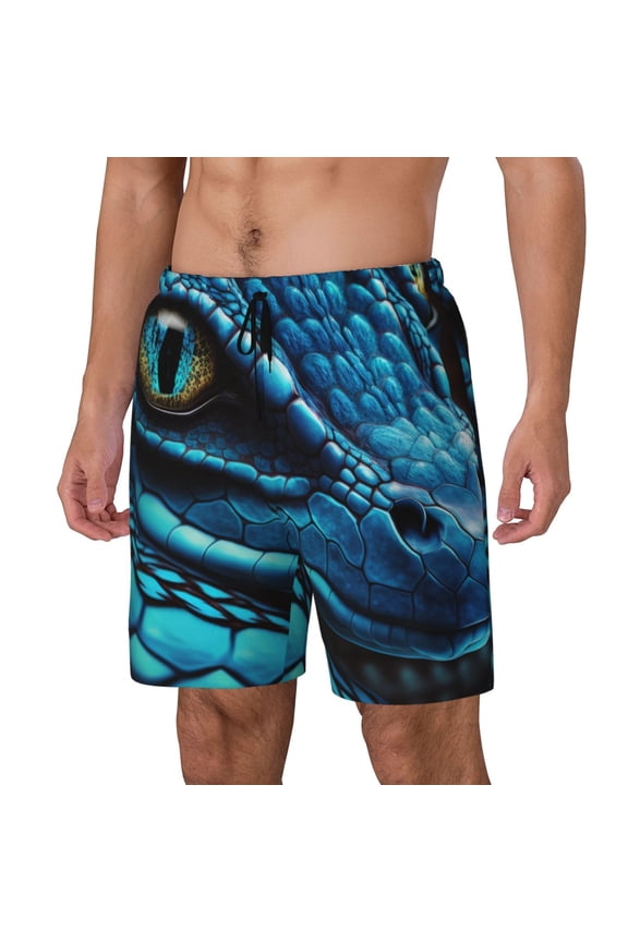 Blue Viper Snake Closeup Face Pattern Men’s Swim Shorts with Compression Liner – Double-Layered Quick-Dry Swimwear, Comfortable & Stretchy Beach Shorts-Small