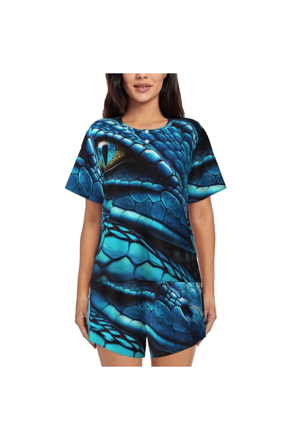 Blue Viper Snake Closeup Face Pattern Women's Short-Sleeved Pajama Set - 2 Piece Soft and Lightweight Sleepwear Set-Medium