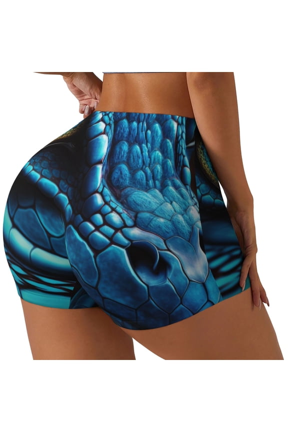 Blue Viper Snake Closeup Face Printed Power Workout Shorts for Women Tummy Control Squat Proof Ribbed Thick Seamless Scrunch Active Short-Medium