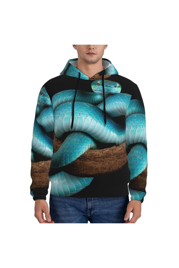 Blue Viper Snake Pattern Mens Hoodie, Pullover Hooded Sweatshirt, Kangaroo Pocket Hoodie Ideal for Daily Wear, Travel and Home-4X-Large