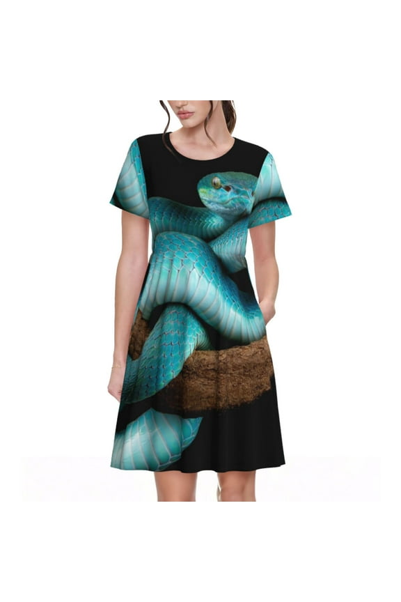 Blue Viper Snake Pattern Women’s Short Sleeve Dress – Casual Elegant Summer A-Line Dress for Everyday Wear