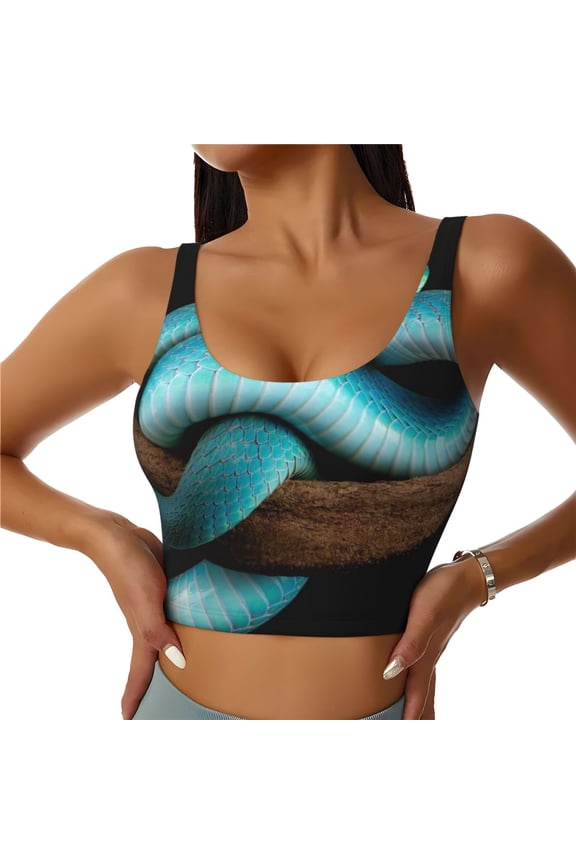 Blue Viper Snake Print Womens' Sports Bras Scoop Neck Sports Vest- Padded U Back Seamless High Impact Support-Medium