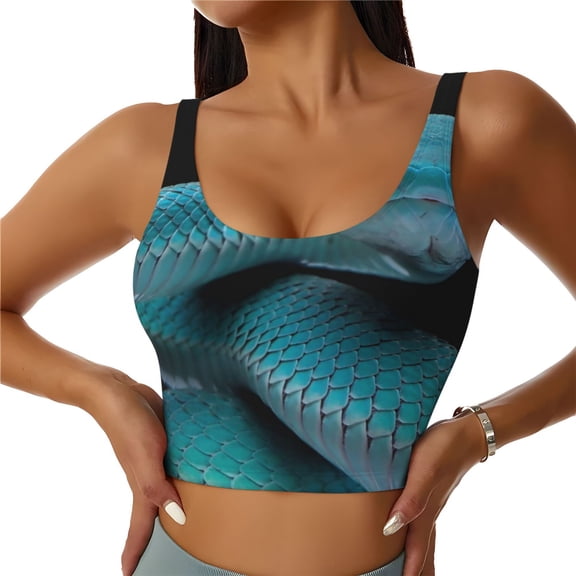 Rateoe Blue Viper Snake1 Print Womens' Sports Bras Scoop Neck Sports Vest- Padded U Back Seamless High Impact Support-Large