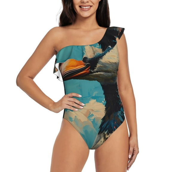 Rateoe Blue Watercolor Duck Pattern Women One Piece Swimsuits Tummy Control One Shoulder Bathing Suits Ruffle Swimwear-XX-Large