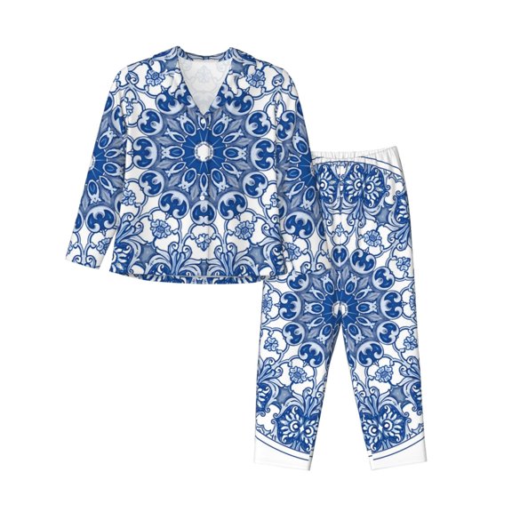 Rateoe Blue Watercolor Pattern Womens Pajamas Set Long Sleeve Sleepwear Button Down Nightwear Soft Cotton Pj Lounge Sets-Large