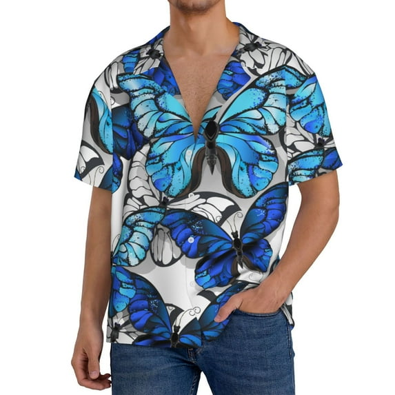 Rateoe Blue and White Butterflies Pattern Men's Short Sleeve Classic Shirt, Casual Short-Sleeved Shirt, Lightweight Summer Shirt, Cuban Collar Shirt,Button-Front Shirt-X-Large