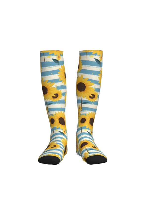 Blue White Striped Sunflower A Compression Socks for Women and Men 20-30mmHg-Circulation Support Socks Knee High Nurse Pregnant Running Medical and Travel Athletic