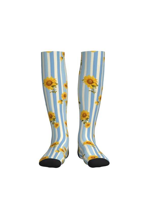 Blue White Striped Sunflower Compression Socks for Women and Men 20-30mmHg-Circulation Support Socks Knee High Nurse Pregnant Running Medical and Travel Athletic