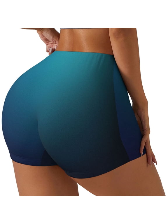 Blue and Teal Gradient Printed Power Workout Shorts for Women Tummy Control Squat Proof Ribbed Thick Seamless Scrunch Active Short-X-Large