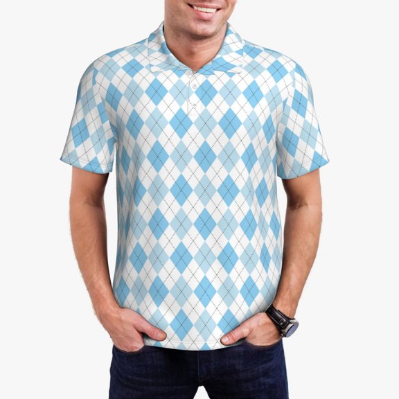 Rateoe Blue and White Squares Pattern Men's Short Sleeve Polo Shirts, Golf Polo Shirts Short Sleeve Performance Moisture Wicking Dry-Small