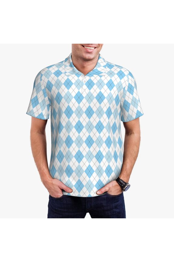 Blue and White Squares Pattern Men's Short Sleeve Polo Shirts, Golf Polo Shirts Short Sleeve Performance Moisture Wicking Dry-Small