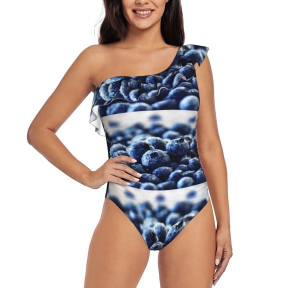 Rateoe Blueberry Pattern Women One Piece Swimsuits Tummy Control One Shoulder Bathing Suits Ruffle Swimwear-