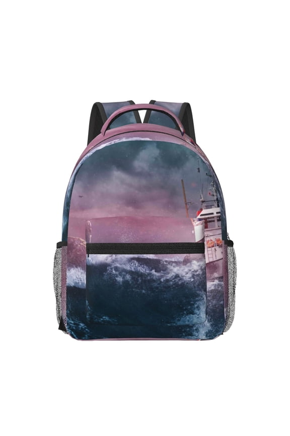 Boat Lighthouse Storm Waves Pattern Durable Student Backpack Laptop Bag- Ergonomic Design, Waterproof Twill Fabric - Ideal for School, Travel, and Outdoor Activities