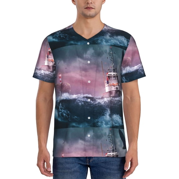 Rateoe Boat Lighthouse Storm Waves Pattern Men’s Baseball Short Sleeve Polo Shirt, Midweight Men's Shirt Golf Shirt Polo Shirts Quick Dry Short-Medium