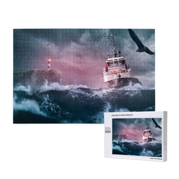Rateoe Boat Lighthouse Storm Waves Pattern Wooden Picture Puzzle ,1000 Piece Jigsaw Puzzle ,Family Fun Puzzle, Home Dcor Puzzle, Gift Puzzle(Horizontal style)