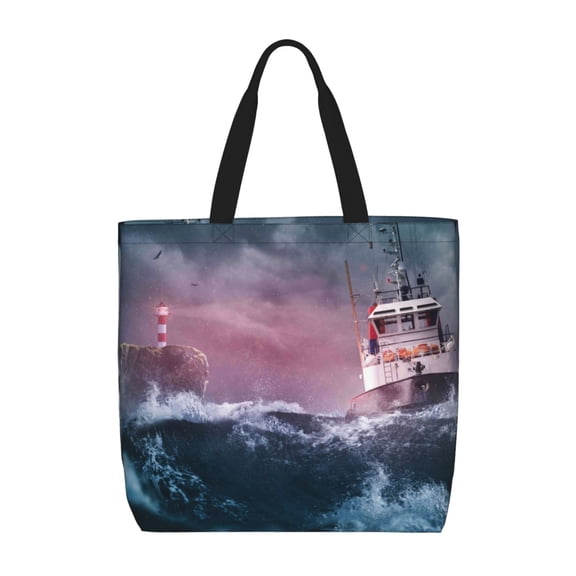 Rateoe Boat Lighthouse Storm Waves Print Lightweight Tote Bag for Women, Water-Resistant Shoulder Bag with Zipper, Spacious Casual Handbag for Work, School, Shopping