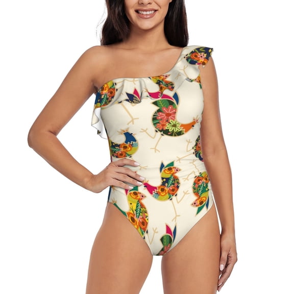 Rateoe Boho Chicken Pattern Women One Piece Swimsuits Tummy Control One Shoulder Bathing Suits Ruffle Swimwear-XX-Large
