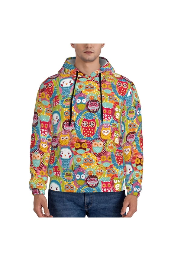 Boho Cute Owls Pattern Mens Hoodie, Pullover Hooded Sweatshirt, Kangaroo Pocket Hoodie Ideal for Daily Wear, Travel and Home-XX-Large