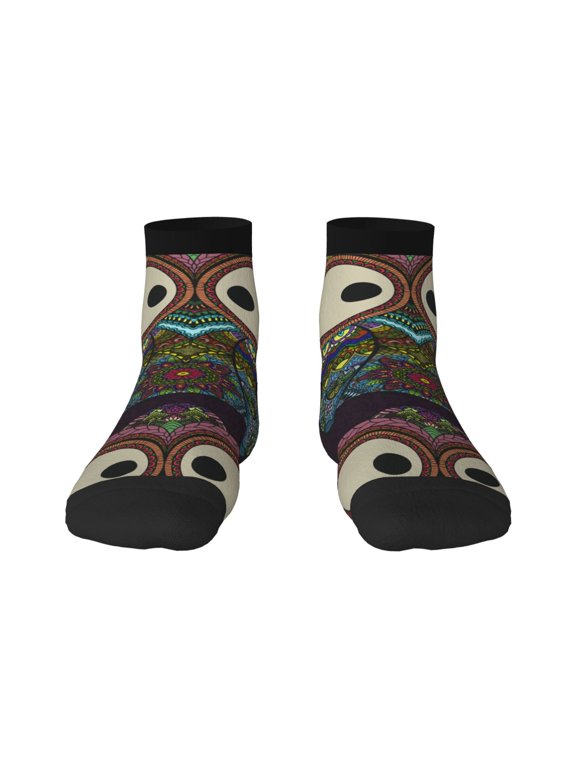 Boho Owl Pattern Quarter Crew Socks,Toe Seamed Ankle Socks,Cotton Cushioned Breathable Athletic Crew Sports Socks