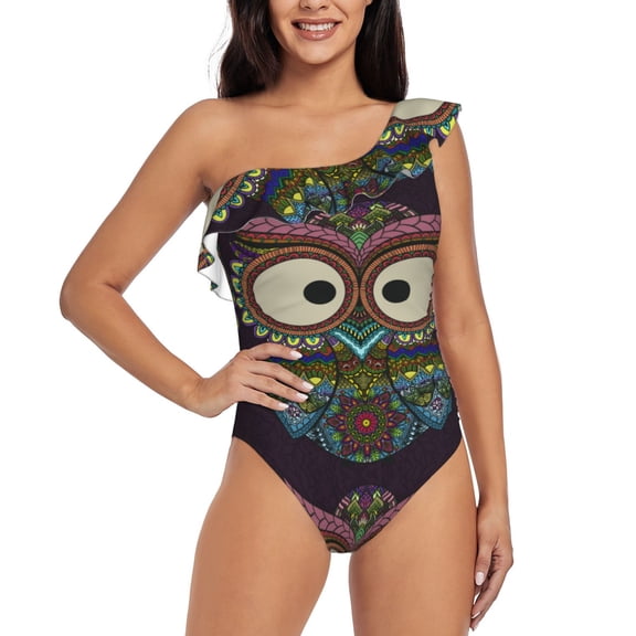 Rateoe Boho Owl Pattern Women One Piece Swimsuits Tummy Control One Shoulder Bathing Suits Ruffle Swimwear-Medium