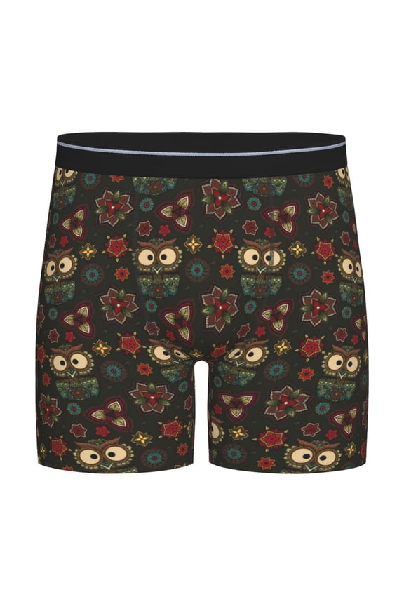Boho Owl Print Men’s Underwear Boxer Briefs Soft Comfortable Underwear Boxer Briefs, Long Leg Briefs,Anti-chafing Boxer Briefs