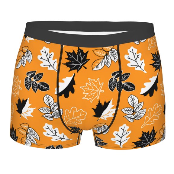 Rateoe Bold Black and White Leaves Orange Mens Boxer Briefs Poly Spandex Performance Boxer Briefs Underwear Hem Boxer Briefs - Medium