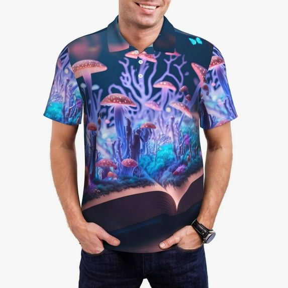 Rateoe Book Glowing Mushrooms Pattern Men's Short Sleeve Polo Shirts, Golf Polo Shirts Short Sleeve Performance Moisture Wicking Dry-Small