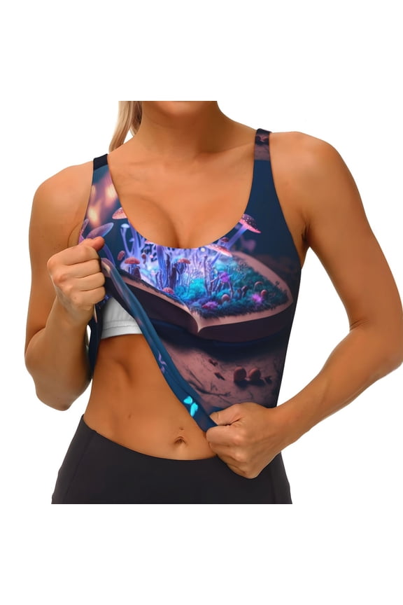 Book Glowing Mushrooms Print Womens' Sports Bras Scoop Neck Sports Vest- Padded U Back Seamless High Impact Support