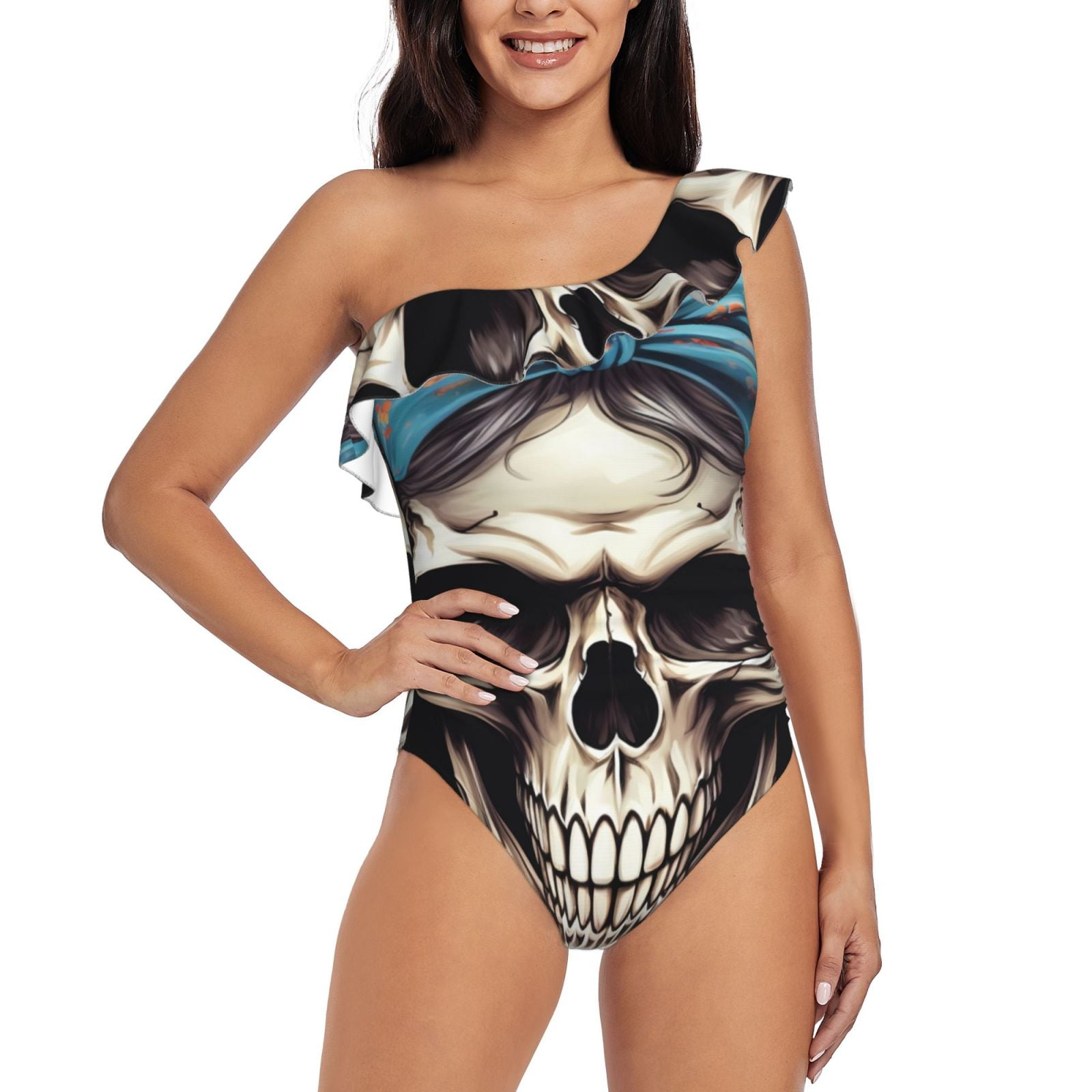 rateoe-bow-flower-skull-pattern-women-one-piece-swimsuits-tummy-control