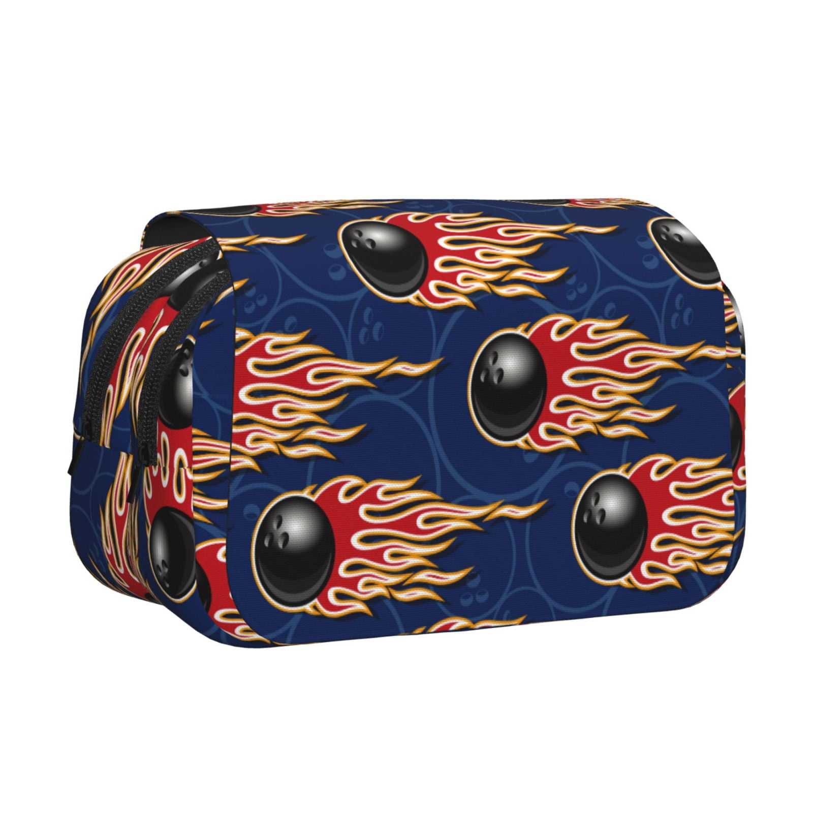 Rateoe Bowling Ball And Flame Pattern Double Clamshell Pen Case, Storage Organizer with Two Zipper Compartments– Holds Up to 50 Pencils & Pens