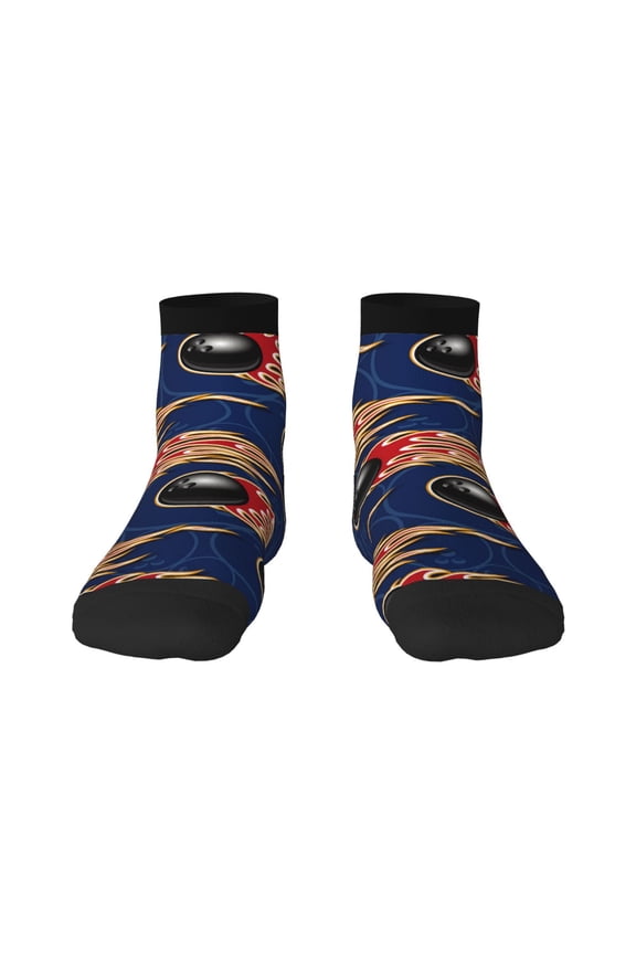 Bowling Ball And Flame Pattern Quarter Crew Socks,Toe Seamed Ankle Socks,Cotton Cushioned Breathable Athletic Crew Sports Socks