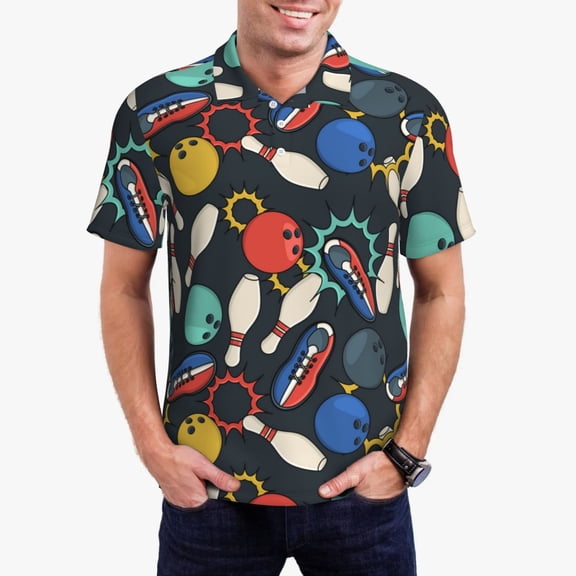 Rateoe Bowling Ball Pattern Men's Short Sleeve Polo Shirts, Golf Polo Shirts Short Sleeve Performance Moisture Wicking Dry-Large