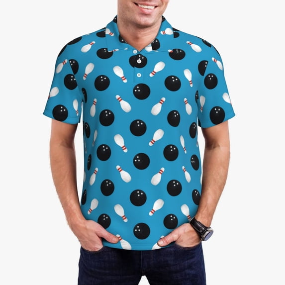 Rateoe Bowling Balls Pattern Men's Short Sleeve Polo Shirts, Golf Polo Shirts Short Sleeve Performance Moisture Wicking Dry-XX-Large