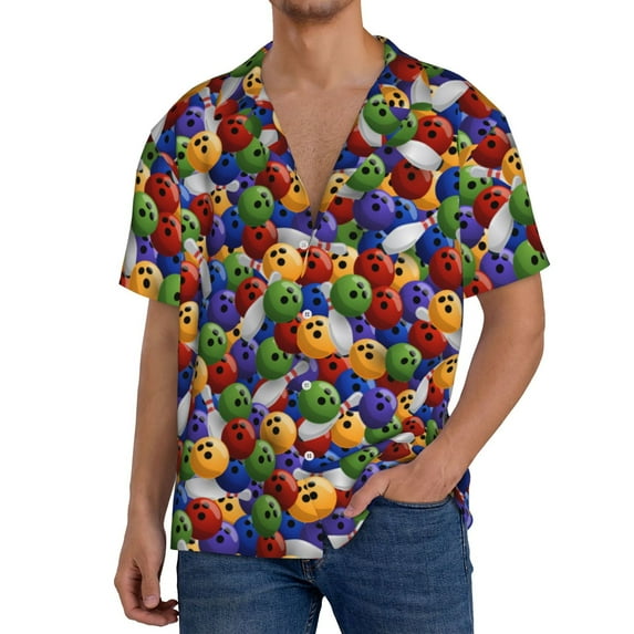 Rateoe Bowling Colorful Pattern Men's Short Sleeve Classic Shirt, Casual Short-Sleeved Shirt, Lightweight Summer Shirt, Cuban Collar Shirt,Button-Front Shirt-Medium