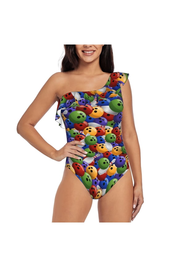 Bowling Colorful Pattern Women One Piece Swimsuits Tummy Control One Shoulder Bathing Suits Ruffle Swimwear-Large