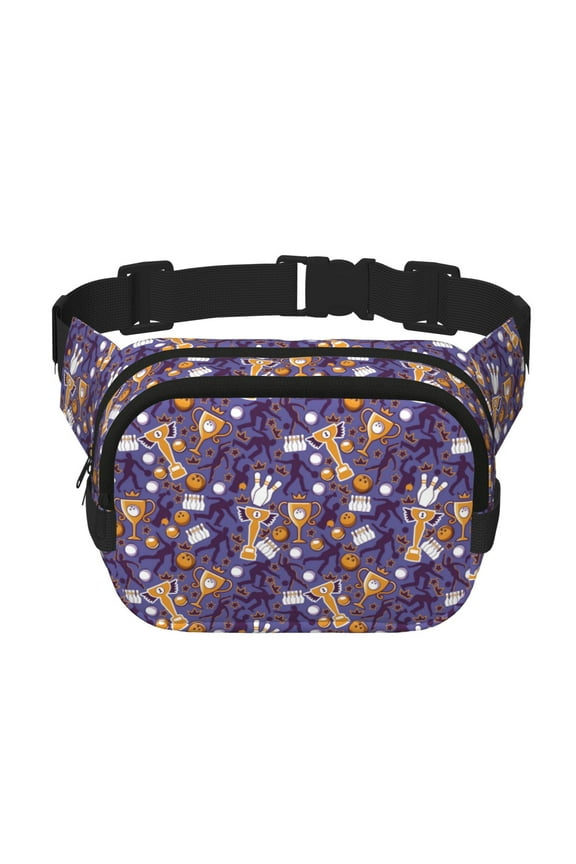 Bowling Game Print Fanny Pack Belt Bag for Women and Men, Square Double-Layer Waterproof Waist Pack with Adjustable Strap for Hiking, Jogging, Cycling