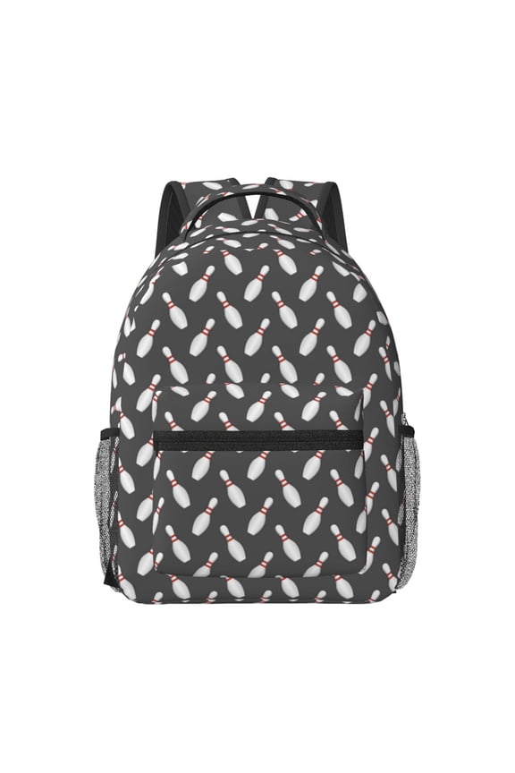 Bowling Pins Pattern Durable Student Backpack Laptop Bag- Ergonomic Design, Waterproof Twill Fabric - Ideal for School, Travel, and Outdoor Activities