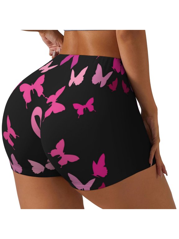 Breast Cancer Printed Power Workout Shorts for Women Tummy Control Squat Proof Ribbed Thick Seamless Scrunch Active Short-X-Large
