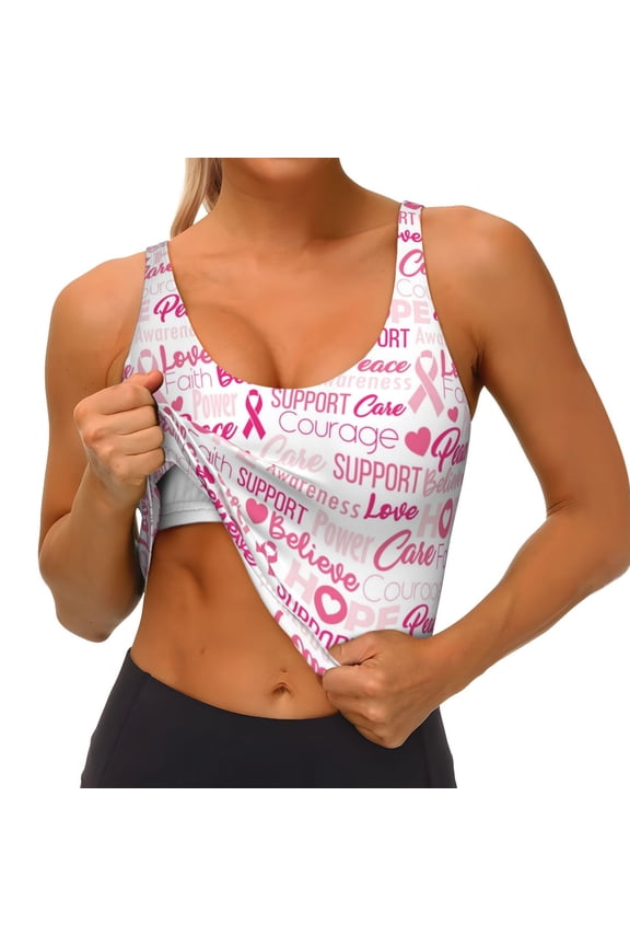 Breast Cancer Ribbons Awareness Print Womens' Sports Bras Scoop Neck Sports Vest- Padded U Back Seamless High Impact Support