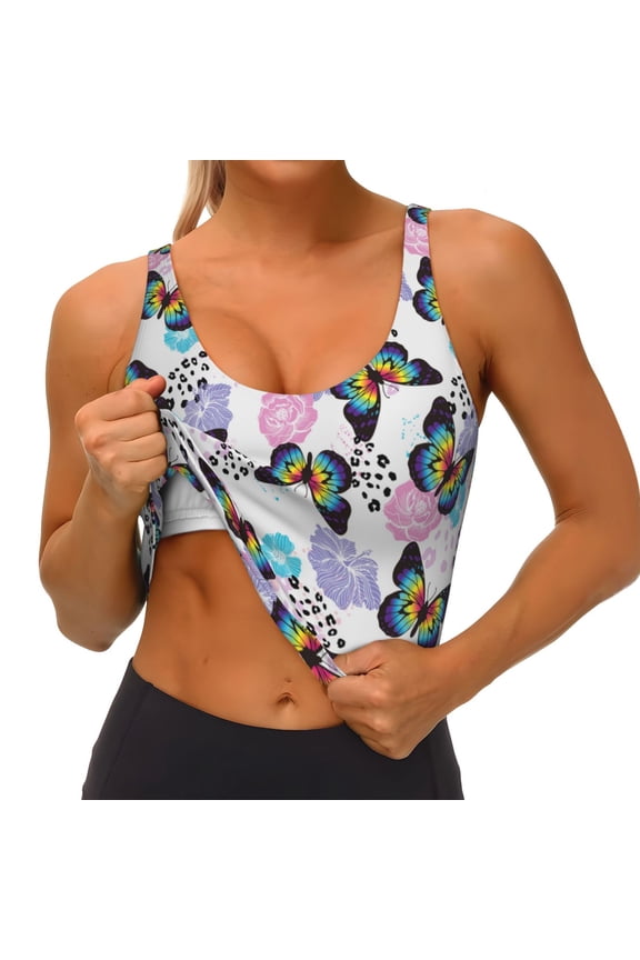 Bright Butterflies1 Print Womens' Sports Bras Scoop Neck Sports Vest- Padded U Back Seamless High Impact Support